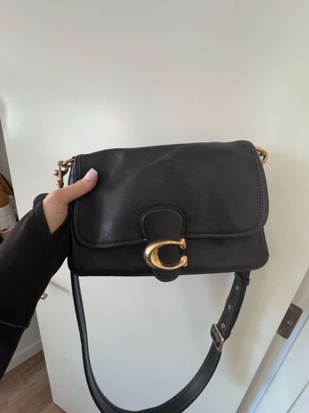 Coach Black Leather Crossbody with Gold 'C' Clasp